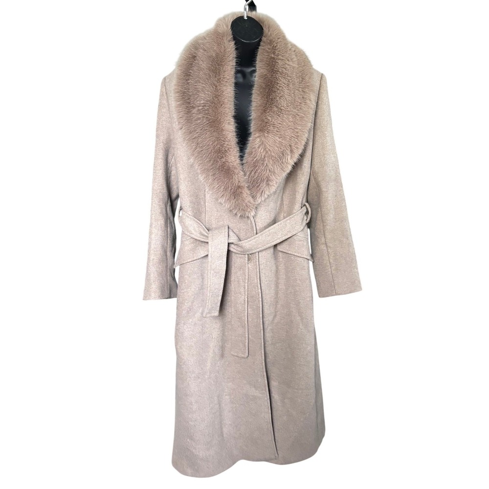EUC Zara Long Wool Coat Removable Faux Fur Collar Size L Beige Elegant